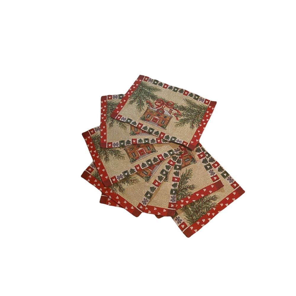Christmas Home Placemats Woven Tapestry Style Set of 7 Red Cream 18” X 13”